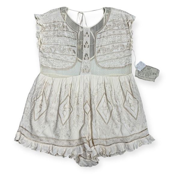 Free People Between Dreams Embroidered Romper Size Medium Antique White Cream - Picture 8 of 13